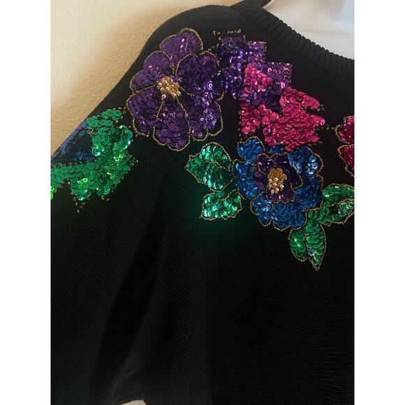 Vintage B.I.B S.M.L Sport Black Sweater Embroidered-Beaded Floral Design - Picture 8 of 14